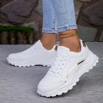 Women'S Solid Color Casual Sneaker, Lace-Up Lightweight Soft Sole Walking Shoes, Low-Top Comfortable Training Shoes